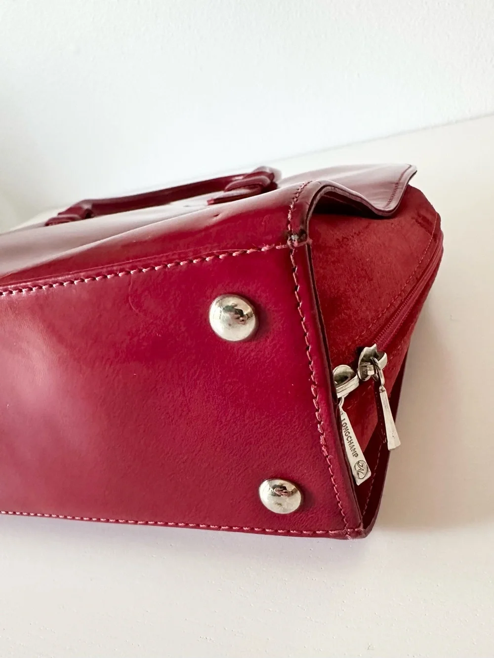 Longchamp Red Patent Leather & Suede Satchel Tote Bag Handbag
